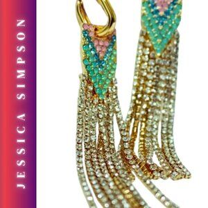NWT Jessica Simpson Long Rain Multicolor Earrings crystals gold 3" shapes